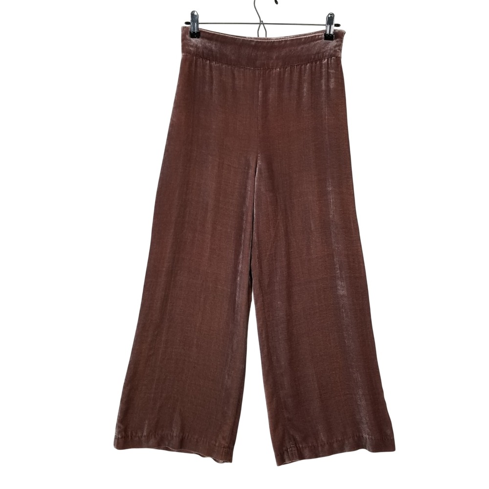 Zara Velvet Wide Leg Pants Womens S Mauve Brown High Rise Side Zip Glam Boho